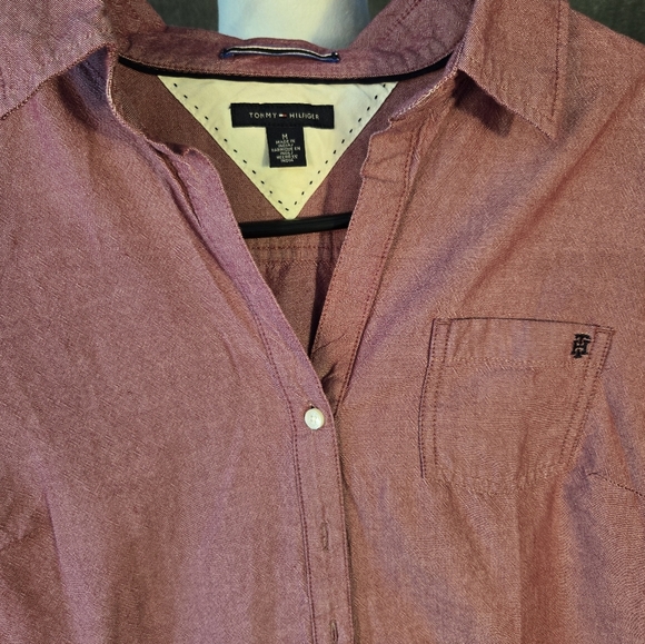 Tommy Hilfiger Womens Button Up Shirt Size M Burgundy/Wine Y2K - Picture 2 of 8
